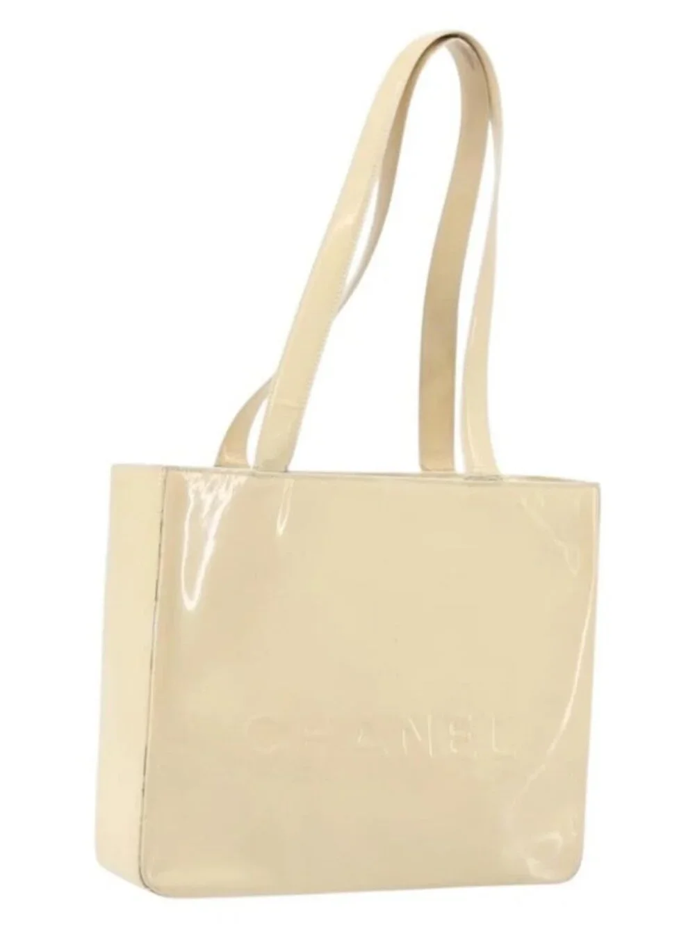 CHANEL Tote Bag Patent leather Ivory Gold CC Auth bs34540